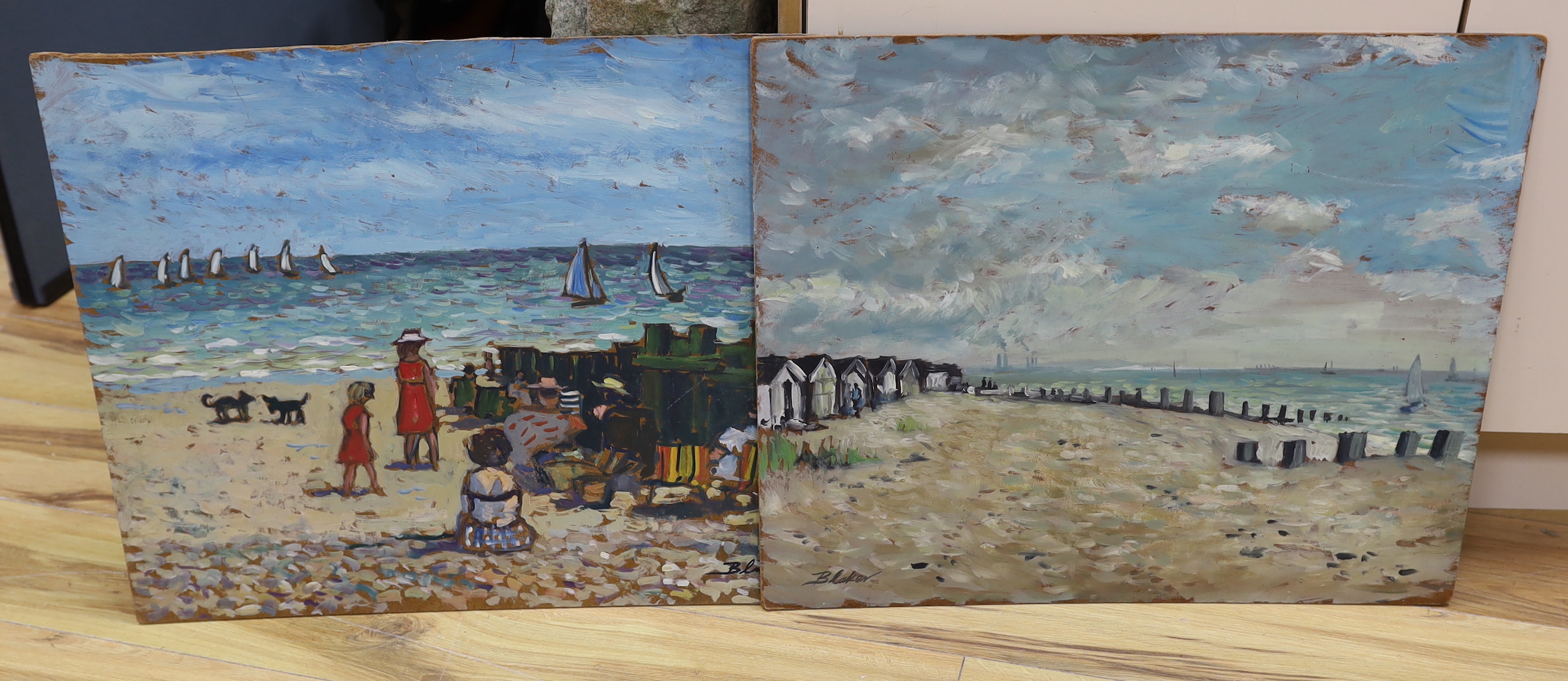Michael John Blaker (1928-2018), two oils on board, ‘beach scene, Sussex’ and ‘Breezy day, near Brighton’, signed, largest 50 x 60cm unframed